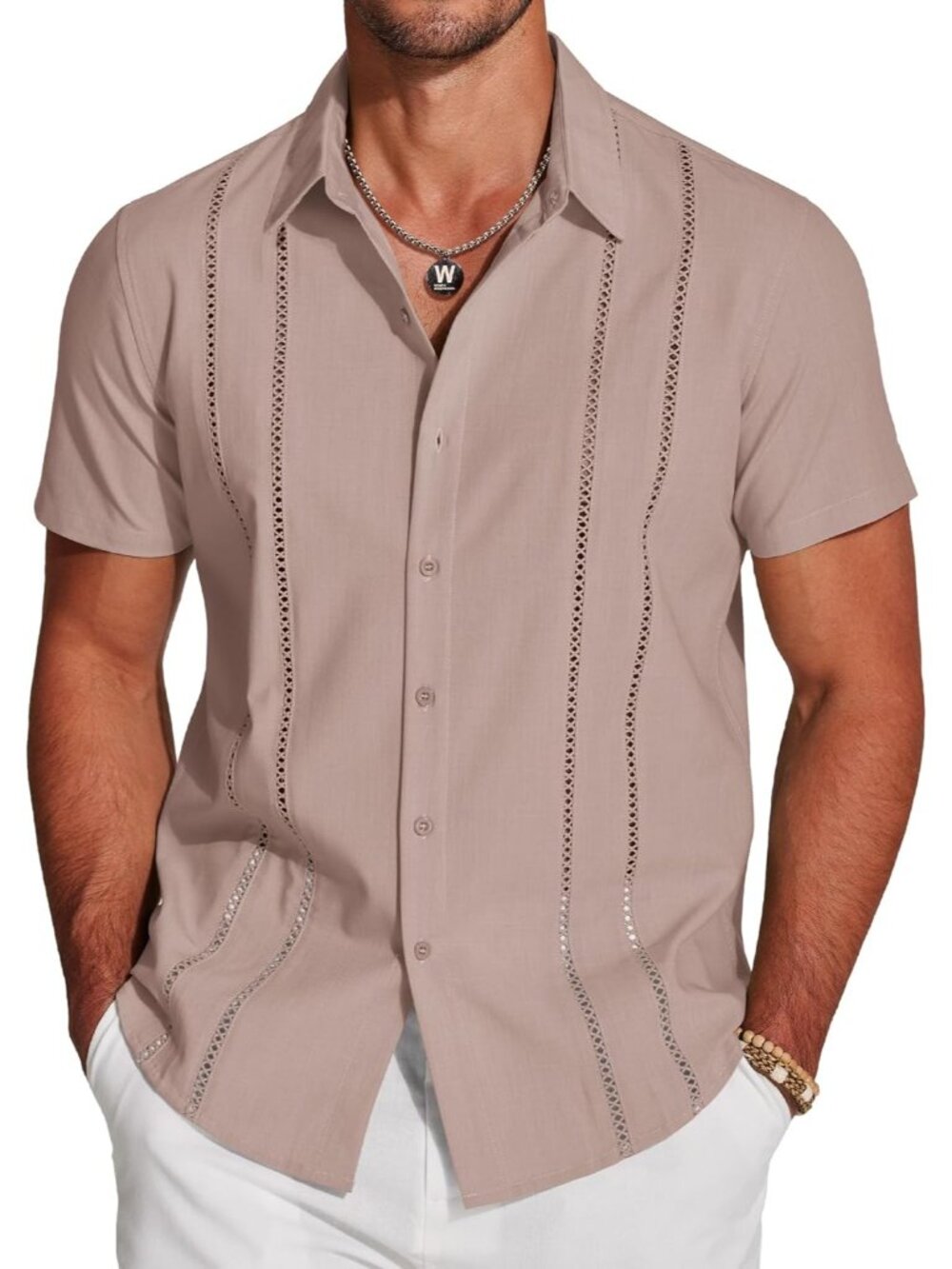 Men's Misty Rose Cuban Guayabera Short Sleeve Collared Casual Button Down Shirt